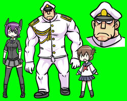  1boy 2girls :o admiral_(kancolle) black_socks black_thighhighs brown_hair commentary_request eyepatch folded_ponytail gloves hat headgear height_difference inazuma_(kancolle) kantai_collection lowres matsuda_chiyohiko military military_uniform multiple_girls naval_uniform peaked_cap pleated_skirt purple_hair school_uniform serafuku short_hair simple_background skirt socks tenryuu_(kancolle) thighhighs tonda uniform yellow_eyes zettai_ryouiki |_| 