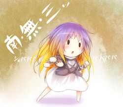  barefoot bikuseno blonde_hair chibi clenched_hand commentary_request dress female fighting_stance gradient_hair green_background hijiri_byakuren long_hair multicolored_hair namusanbou purple_hair solo touhou 