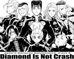  6+boys bad_id bad_pixiv_id commentary_request copyright_name diamond_wa_kudakenai english_text engrish_text fungami_yuya gakuran greyscale hazamada_toshikazu hazekura_mikitaka higashikata_josuke hirose_koichi jojo_no_kimyou_na_bouken long_hair monochrome multiple_boys nijimura_keicho nijimura_okuyasu pompadour ranguage school_uniform ttk_(ehohmaki) yangu_shigekiyo 