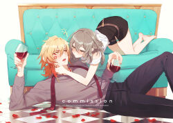  alcohol barefoot black_pants black_skirt blonde_hair blush brown_shirt checkered_floor collared_shirt commentary commission couch couple cup drinking_glass drunk english_commentary female grey_hair highres holding holding_cup honkai:_star_rail honkai_(series) mydei_(honkai:_star_rail) necktie pants petals red_necktie red_tattoo red_wine rose_petals shirt skirt stelle_(honkai:_star_rail) straight sumustard thigh_strap trailblazer_(honkai:_star_rail) undone_necktie white_shirt wine wine_glass yellow_eyes 
