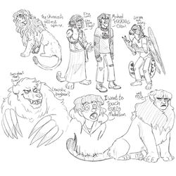  1:1 alice_tonner alternate_species alternative_fashion anthro bottomwear bugbear clawed_fingers clothed clothing crouching dialogue english_text fangs feathered_wings feathers felid feral feralized fully_clothed furrification gerard_keay goth group handpaw hindpaw iranian_mythology jonathan_sims kory_bing male mammal mane manticore melanie_king michael_crew middle_eastern_mythology multiple_forms mythological_creature mythological_sphinx mythology pawpads paws quadruped sitting skirt slouching speech_bubble standing stinger tail tattoo teeth text the_magnus_archives wings 