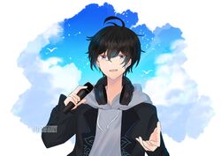  1boy :d absurdres acacia_leafs ahoge andi_adinata black_hair black_jacket blue_sky hair_between_eyes hair_ornament headphones highres jacket looking_at_viewer maha5 male_focus microphone multicolored_hair music open_mouth singing sky smile upper_body virtual_youtuber 