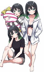  bad_id bad_twitter_id bare_legs barefoot bikini black_bikini black_hair black_shirt blush bow breasts cleavage collarbone commentary_request female full_body green_eyes grey_shorts hair_between_eyes hands_in_pockets highres hood hooded_jacket hugging_object jacket long_sleeves looking_at_viewer love_live! love_live!_nijigasaki_high_school_idol_club medium_breasts medium_hair multiple_persona navel open_clothes pillow pillow_hug polka_dot polka_dot_swimsuit shirt short_sleeves shorts sitting smile standing striped_clothes striped_shirt swimsuit takasaki_yu totoki86 white_background white_jacket 