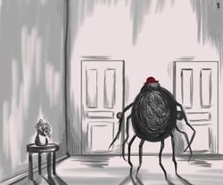  8_legs ambiguous_gender anthro arachnid arthropod black_body black_fur clothing detailed_background door fur hat headgear headwear hi_res mr._spider solo spider the_magnus_archives twistyblitzy 