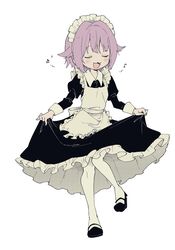  :3 :d alternate_costume apron beamed_eighth_notes black_footwear closed_eyes commentary dress eighth_note facing_viewer female full_body hair_flaps highres idolmaster idolmaster_cinderella_girls koshimizu_sachiko maid maid_headdress musical_note no1shyv oerba_yun_fang open_mouth pink_hair short_hair simple_background skirt_hold smile solo standing white_apron white_background white_legwear 