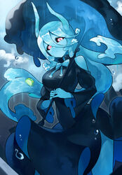  baniran_dorosu black_dress blue_bow blue_bowtie blue_hair blue_horns blue_skin bow bowtie breasts closed_mouth clothing_cutout colored_sclera colored_skin cowboy_shot creature dress female hair_between_eyes highres holding holding_umbrella horns liquid_hair long_hair md5_mismatch medium_breasts monster_girl multicolored_eyes original own_hands_together personification pink_pupils pink_sclera rain rain_(baniran_dorosu) shoulder_cutout solo tearing_up umbrella water_drop white_eyes 