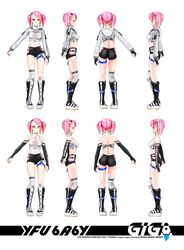  3d black_gloves blue_eyes character_name crop_top digitrevx earrings elbow_gloves english_commentary female gloves grey_hoodie halterneck highres hood hoodie indie_virtual_youtuber jewelry multiple_views official_art open_hand parted_lips partially_fingerless_gloves reference_sheet smile twintails virtual_youtuber white_background yfu 