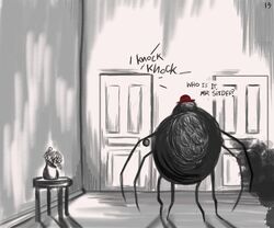  ambiguous_gender anthro arachnid arthropod black_body black_fur clothing detailed_background door english_text fur hat headgear headwear hi_res mr._spider solo sound_effects spider text the_magnus_archives twistyblitzy 