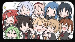  &gt;_&lt; 6+girls ahoge blonde_hair blue_hair blush border braid brown_hair chibi commentary_request gloves green_hair grey_hair hair_between_eyes hair_flaps hair_ornament hair_ribbon hairband harusame_(kancolle) hat kantai_collection kawakaze_(kancolle) kawakaze_kai_ni_(kancolle) light_brown_hair long_hair mole mole_under_eye multiple_girls murasame_(kancolle) murasame_kai_ni_(kancolle) neckerchief necktie open_mouth pink_hair poipoi_purin red_hair red_neckerchief red_necktie ribbon sailor_collar samidare_(kancolle) scarf school_uniform serafuku shigure_(kancolle) shigure_kai_ni_(kancolle) shiratsuyu_(kancolle) short_hair single_braid suzukaze_(kancolle) twintails umikaze_(kancolle) umikaze_kai_ni_(kancolle) white_headwear white_scarf yamakaze_(kancolle) yuudachi_(kancolle) yuudachi_kai_ni_(kancolle) 