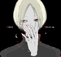  1boy awara_kayu black_background blonde_hair blood blood_on_face commentary_request copyright_name expressionless hand_on_own_face hand_up large_hands limited_palette long_sleeves looking_at_viewer male_focus nakarai_keijin parted_bangs portrait short_hair simple_background smile solo spot_color tokyo_ghoul tokyo_ghoul:re 