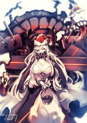  abyssal_ship breasts covered_mouth dress female fur_trim genyaky hat holding kantai_collection large_breasts long_dress long_hair long_sleeves midway_princess one-hour_drawing_challenge red_eyes red_hat santa_hat solo standing twitter_username very_long_hair white_dress white_hair 