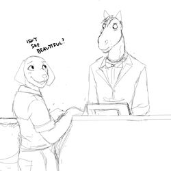  1:1 anthro black_and_white bottomwear bow_tie canid canine canis clothed clothing concierge daniel_porter desk dialogue digital_media_(artwork) dobermann domestic_dog dress_shirt duo english_text equid equine eye_contact fully_clothed fur furniture hi_res hladilnik horse hotel looking_at_another male mammal monochrome open_mouth pants pinscher shirt simple_background smile standing table teeth text topwear uniform white_background 