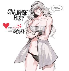  arms_under_breasts artist_name bare_shoulders black_hairband black_panties breasts cleavage collarbone cowboy_shot crossed_arms english_text female hair_between_eyes hairband highres large_breasts long_hair navel original panties red_eyes solo speech_bubble standing underwear white_hair yourfreakyneighbourh 