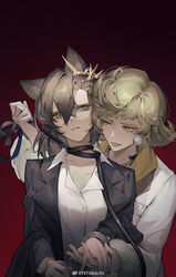  2girls absurdres akechi_(826988799) animal_ears arknights behind_another black_jacket blonde_hair bondage brown_hair collared_shirt crossover cuffs earrings facing_viewer fur-trimmed_sleeves fur_trim gradient_background hair_between_eyes hand_grab handcuffs hands_up highres holding holding_leash jacket jewelry leash long_hair long_sleeves looking_to_the_side mole mole_above_eye ms._newbabel multiple_girls necklace open_mouth penance_(arknights) red_background reverse:1999 rope_around_neck shirt short_hair sweat swept_bangs upper_body weibo_logo weibo_watermark white_jacket white_shirt wolf_ears wolf_girl yellow_eyes yuri 