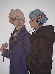  2boys absurdres apollo_justice:_ace_attorney badge beanie beard_stubble black_eyes black_hair black_jacket blonde_hair blue_eyes blue_hair blue_jacket buttons closed_mouth collar collared_shirt double_vertical_stripe drawstring facial_hair glasses grey_background gyakuten_saiban hat highres holding holding_leash hood hood_down hooded_jacket jacket kristoph_gavin lapels leash light_smile long_sleeves looking_at_viewer male_focus marikmame medium_hair metal_collar multiple_boys naruhodou_ryuuichi neck_ribbon profile ribbon shirt short_hair simple_background stubble suit_jacket twisted_hair upper_body white_shirt 