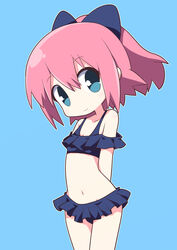  bare_shoulders bikini black_bikini blue_background blue_bow blue_eyes bow check_commentary chibi closed_mouth commentary_request female frilled_bikini frills hair_between_eyes hairbow highres looking_at_viewer navel original osaragi_mitama pink_hair ponytail simple_background smile solo swimsuit 