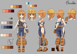  allgreen artist_name ass bad_id bad_pixiv_id boots braid brown_eyes commentary_request construction_worker dutch_girl_(last_origin) female full_body gloves grey_background hair_between_eyes hard_hat helmet highres korean_commentary last_origin long_hair multiple_views orange_hair overalls reference_sheet simple_background twin_braids work_boots 