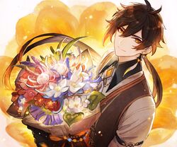  1boy absurdres artist_request birthday black_gloves black_hair blush bouquet brown_hair commentary earrings english_commentary flower genshin_impact glaze_lily gloves gradient_hair hair_between_eyes highres holding holding_bouquet jacket jewelry long_hair male_focus multicolored_hair official_art ponytail qingxin_flower second-party_source silk_flower_(genshin_impact) single_earring smile solo standing tassel tassel_earrings upper_body violetgrass yellow_eyes zhongli_(genshin_impact) 