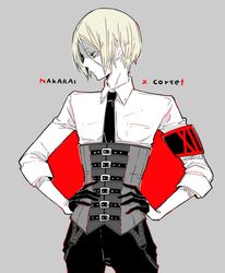  1boy armband awara_kayu black_armband black_gloves black_necktie black_pants blonde_hair character_name closed_mouth commentary_request corset gloves grey_background half_gloves hands_on_own_hips long_sleeves looking_to_the_side male_focus nakarai_keijin necktie pale_skin pants parted_bangs red_armband red_background shirt short_hair simple_background solo tokyo_ghoul tokyo_ghoul:re 