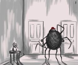  8_legs ambiguous_gender anthro arachnid arthropod black_body black_fur clothing detailed_background door fur hat headgear headwear hi_res mr._spider solo spider the_magnus_archives twistyblitzy 