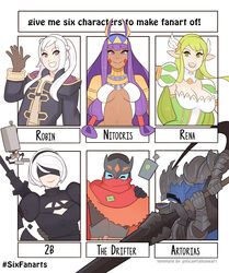  2b_(nier:automata) 2boys 4girls absurdres armor artorias_the_abysswalker blindfold blue_skin blunt_bangs breasts breasts_apart brown_eyes brown_gloves character_name cleavage closed_eyes colored_skin dark_skin dark_souls_(series) dark_souls_i elsword english_text fate/grand_order fate_(series) fire_emblem fire_emblem_awakening full_armor gloves grand_archer_(elsword) green_eyes green_hair hairband hand_up highres hyper_light_drifter knight large_breasts long_hair looking_at_viewer multiple_boys multiple_drawing_challenge multiple_girls nier:automata nier_(series) nitocris_(fate) open_mouth photoshop_(medium) pointy_ears purple_eyes purple_hair rena_erindel robin_(female)_(fire_emblem) robin_(fire_emblem) short_hair six_fanarts_challenge smile splashbrush the_drifter upper_body white_hair 