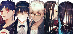  5boys albino_(a1b1n0623) archer_(fate) archer_(summer_casual)_(fate) ashiya_douman_(fate) bad_id bad_pixiv_id black_bow black_bowtie black_collar black_eyes black_hair black_jacket blue_eyes blue_hair bow bowtie brown_eyes collar column_lineup commentary_request cu_chulainn_(fate) cu_chulainn_alter_(fate) dark-skinned_male dark_skin earrings facial_mark fate/grand_order fate/stay_night fate_(series) glasses hair_between_eyes hair_down jacket jewelry long_hair looking_at_viewer magatama magatama_earrings makeup male_focus multicolored_hair multiple_boys nikola_tesla_(fate) no_hood open_clothes open_jacket open_mouth parted_lips red_eyes sherlock_holmes_(fate) shirt short_hair simple_background smile split-color_hair streaked_hair upper_body white_background white_eyes white_hair white_shirt 