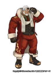  1boy aegir_(tokyo_houkago_summoners) alternate_costume bara beard belt blue_eyes boots bulge christmas dark_skin dark_skinned_male earrings facial_hair glasses gloves gomtang green_shirt jewelry long_sleeves looking_at_viewer male_focus multicolored_hair muscle necktie official_art pants santa_costume scarf shirt smile solo teeth tight tight_pants tokyo_houkago_summoners two-tone_hair vest white_hair 