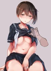  alternate_costume blush breasts brown_eyes brown_hair cleavage clothes_lift female grey_background hair_between_eyes jewelry kaga_(kancolle) kansho_(stm_735) kantai_collection large_breasts lifting_another&#039;s_clothes navel neckerchief ring sailor_collar school_uniform serafuku shirt_lift short_sleeves side_ponytail simple_background skirt solo_focus white_neckerchief 