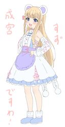  :d animal_ears apron bear_ears blonde_hair blue_bow blue_eyes blue_footwear blush bow braid detached_sleeves dress fake_animal_ears female flat_chest full_body hairband hands_on_own_hips highres idoly_pride looking_at_viewer narumiya_suzu open_mouth purple_apron shoes side_braid simple_background sincos smile socks solo standing waist_apron white_background white_dress white_socks 