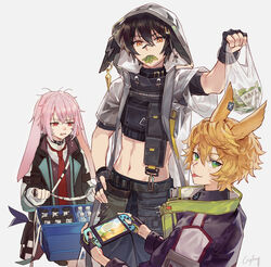  3boys animal_ears ansel_(arknights) arknights arm_up ayerscarpe_(arknights) bag bandages bandaid bandaid_on_face bandaid_on_nose black_choker black_coat black_gloves black_hair black_jacket black_pants black_shirt blonde_hair bottle box choker coat cowboy_shot crop_top cropped_jacket csyday edamame fingerless_gloves frown gloves green_eyes grey_jacket hair_between_eyes holding holding_bag hood hood_up jacket leonhardt_(arknights) long_hair long_sleeves male_focus messy_hair midriff mouth_hold multiple_boys necktie nintendo_switch orange_eyes otoko_no_ko pants pink_hair rabbit_boy rabbit_ears red_eyes red_necktie shirt short_hair short_sleeves simple_background tongue tongue_out trait_connection upper_body white_background white_gloves 