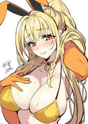  animal_ears bare_shoulders bikini blonde_hair blush braid breasts brown_eyes choker cleavage closed_mouth commentary_request elbow_gloves fake_animal_ears female gloves halterneck hand_on_own_chest high_ponytail highres kanade_haruka large_breasts long_hair looking_at_viewer mahou_shoujo_madoka_magica mahou_shoujo_suzune_magica orange_gloves rabbit_ears senri_gan sidelocks solo sweat swimsuit upper_body yellow_bikini 