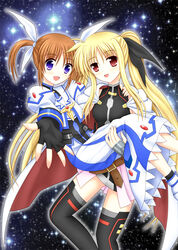  2girls black_ribbon blonde_hair blue_eyes capelet carrying cloak couple fate_testarossa fate_testarossa_(blaze_form) hair_ribbon happy lyrical_nanoha magical_girl mahou_shoujo_lyrical_nanoha mahou_shoujo_lyrical_nanoha_a&#039;s mahou_shoujo_lyrical_nanoha_the_movie_2nd_a&#039;s multiple_girls open_mouth orange_hair parted_lips princess_carry raikkonen713 red_eyes ribbon short_twintails sky smile star_(sky) starry_sky takamachi_nanoha takamachi_nanoha_(exelion_mode) thighhighs twintails white_ribbon yuri zettai_ryouiki 