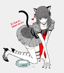  1boy :q all_fours animal_ears awara_kayu bell black_choker black_nails blunt_bangs bowl cat_ears cat_girl cat_tail choker commentary_request crossdressing dated dress full_body grey_background hair_ornament heart high_heels long_hair looking_at_viewer male_focus milk neck_bell pet_bowl polka_dot polka_dot_dress puffy_short_sleeves puffy_sleeves red_background see-through shoes short_sleeves simple_background single_thighhigh smile solo stitches striped_clothes striped_thighhighs suzuya_juuzou tail thighhighs tokyo_ghoul tokyo_ghoul:re tongue tongue_out 