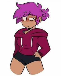  1girls black_bottomwear black_clothing black_eyes black_shorts cartoon_network dark-skinned_female dark_skin enid enid_(ok_k.o.!_lbh) eyebrows_visible_through_hair female female_only hand_on_hips hoodie looking_at_viewer ok_k.o.!_let&#039;s_be_heroes purple_hair red_clothing red_hoodie short_shorts shorts simple_background solo thighs white_background 