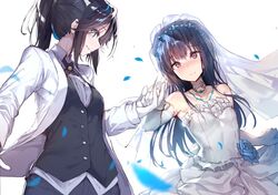  2girls akieda black_hair black_vest blazer blue_eyes blue_hair blush bridal_veil closed_mouth collarbone collared_shirt dress elbow_gloves feathers gloves hibike!_euphonium holding_hands jacket jewelry kasaki_nozomi liz_to_aoi_tori long_hair long_sleeves looking_at_another multiple_girls necklace outstretched_arm ponytail purple_eyes shirt simple_background skirt_hold smile standing strapless strapless_dress veil vest wedding_dress white_background white_dress white_gloves white_jacket white_shirt yoroizuka_mizore 