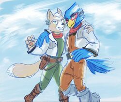  anthro arm_on_shoulder avian bird blue_body blue_feathers boots canid canine clothed clothing duo falco_lombardi feathers footwear fox fox_mccloud fur hi_res iinktopus male mammal nintendo orange_body orange_fur simple_background star_fox 