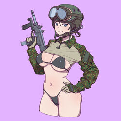  bikini black_bikini black_hair blue_eyes blush breasts camouflage camouflage_jacket chouno_ami cleavage closed_mouth combat_helmet commentary_request crop_top cropped_shirt female girls_und_panzer gun hand_on_own_hip helmet highres holding holding_gun holding_weapon jacket japan_ground_self-defense_force japan_self-defense_force large_breasts looking_at_viewer military minebea_pm-9 navel onsen_tamago_(hs_egg) purple_background short_hair simple_background smile solo submachine_gun swimsuit thong_bikini weapon 