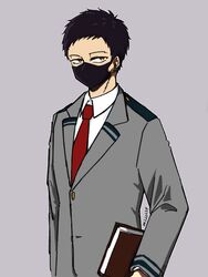  1boy alternate_costume anz_(anzzz624) bad_id bad_pixiv_id black_hair boku_no_hero_academia book brown_eyes collared_shirt commentary_request earrings grey_background grey_jacket highres holding jacket jewelry male_focus mask mouth_mask necktie overhaul_(boku_no_hero_academia) red_necktie school_uniform shirt short_hair simple_background solo u.a._school_uniform upper_body white_shirt 