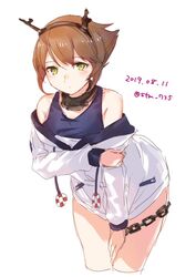  anchor_symbol blue_one-piece_swimsuit breasts brown_hair chains cosplay cowboy_shot cropped_legs female green_eyes headgear jacket kansho_(stm_735) kantai_collection long_sleeves mutsu_(kancolle) off_shoulder one-hour_drawing_challenge one-piece_swimsuit school_swimsuit short_hair simple_background solo swimsuit swimsuit_under_clothes white_background white_jacket yukikaze_(kancolle) yukikaze_(kancolle)_(cosplay) yukikaze_(swimsuit_mode)_(kancolle) 