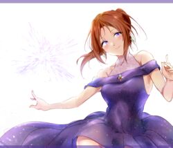  bare_shoulders blush brown_hair closed_mouth collarbone dress female hibike!_euphonium highres kuziaaizuk long_hair looking_at_viewer nail_polish nakagawa_natsuki outstretched_arm ponytail purple_dress purple_eyes smile solo standing strapless strapless_dress white_background 