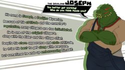  16:9 anthro boxers_(clothing) brute_wyvern capcom character_bio character_name clothing crossed_arms dasinbun deviljho english_text hi_res higlafavtfom hopkeeper_games jewelry joseph_(higlafavtfom) male monster_hunter necklace overalls solo text underwear widescreen wyverian 