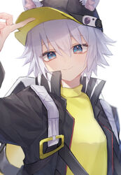  animal_ears arknights arm_up backpack bag baseball_cap black_hat black_jacket blue_eyes click_(arknights) closed_mouth ears_through_headwear female hair_between_eyes hand_on_headwear hat highres jacket long_sleeves looking_at_viewer mouse_ears nagute open_clothes open_jacket shirt short_hair simple_background smile solo upper_body white_background white_hair yellow_shirt 