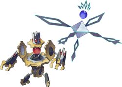  aqua_outline binary commentary english_commentary fakemon floating full_body gears gem highres hyshirey no_humans official_style orb original pokemon polyhedron simple_background spikes standing transparent transparent_background 