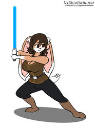  anthro blue_lightsaber breasts chrisandcompany clothing female fighting_pose hair holding_object holding_weapon lagomorph leporid lightsaber mammal melee_weapon pose rabbit smile solo star_wars weapon 