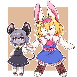  2girls alice_margatroid animal_ears blonde_hair blue_dress brown_background capelet closed_eyes commentary cookie_(touhou) dress frilled_capelet frilled_dress frilled_necktie frilled_sash frills full_body furrification furry furry_female grey_hair grey_skirt grey_vest hair_between_eyes hairband highres ichigo_(cookie) inabahitomi layered_clothes long_sleeves looking_at_viewer mouse_ears mouse_girl mouse_tail multiple_girls nazrin necktie nyon_(cookie) open_mouth outline pink_hairband pink_necktie pink_sash rabbit_ears rabbit_girl red_eyes sash shirt short_hair skirt skirt_set smile socks tail touhou two-tone_background vest white_capelet white_legwear white_outline white_shirt 