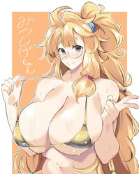  absurdres bikini bikini_pull blonde_hair blush breasts cleavage closed_mouth clothes_pull commentary_request curvy female glasses highres huge_breasts kurokan_(kokkyou_oudan) long_hair navel orange_background original ponytail pulling_own_clothes simple_background smile solo swimsuit translation_request upper_body v yellow_bikini yellow_eyes yellow_nails 