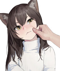  :&lt; animal_ear_fluff animal_ears bad_id bad_pixiv_id brown_eyes brown_hair cat_ears cheek_pinching closed_mouth derivative_work dongho_kang female head_tilt highres long_hair looking_at_viewer original pinching ribbed_sweater simple_background solo_focus sweater turtleneck turtleneck_sweater white_background yellow_eyes 