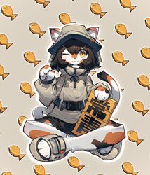  2023 4_fingers 4_toes absurd_res anthro blush calico_cat clothing crossed_legs digital_media_(artwork) domestic_cat feet felid feline felis female female_anthro fingers footwear fur hair hi_res japanese_text kemono mammal maneki-neko multicolored_body multicolored_fur one_eye_closed paws sandals shiiorina solo tail text toes translation_request wink 