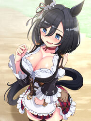  absurdres animal_ears belt black_hair black_thighhighs blue_eyes blush bob_cut breasts brown_belt choker cleavage collarbone commentary_request detached_sleeves dirndl eishin_flash_(umamusume) female frilled_sleeves frills german_clothes hair_between_eyes highres horse_ears horse_girl horse_tail large_breasts open_mouth plaid plaid_skirt red_choker red_skirt short_hair skirt solo swept_bangs tail thighhighs tussy umamusume 