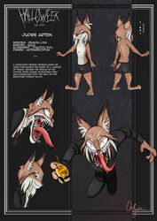  absurd_res anthro bad_guy_cafe brown_body brown_fur clock demon english_text fangs felid feline fur halloweek hi_res judge_arten_(artenreichtum) lynx male mammal model_sheet ocerydia pocketwatch solo teeth text tongue watch 